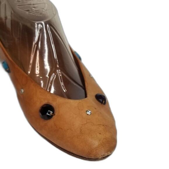 80s Vintage Joan & David Vegetable Tanned Leather Be-jeweled Tan Flats Size 7.5 - Picture 8 of 8